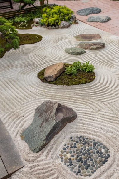 Japanese garden, rock garden, sand patterns, greenery, natural simplicity