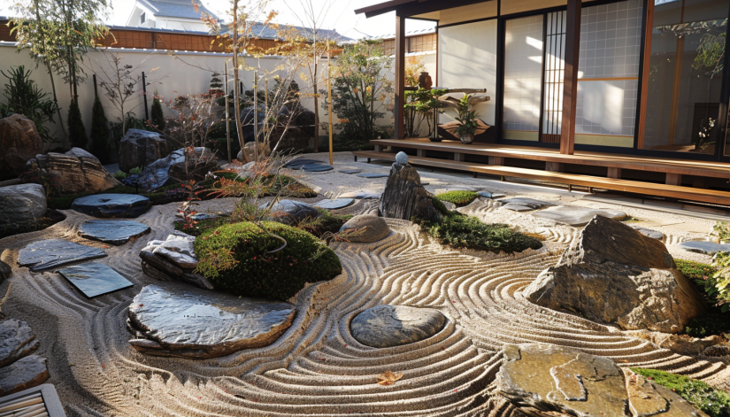 Japanese garden, rock garden, sand patterns, greenery