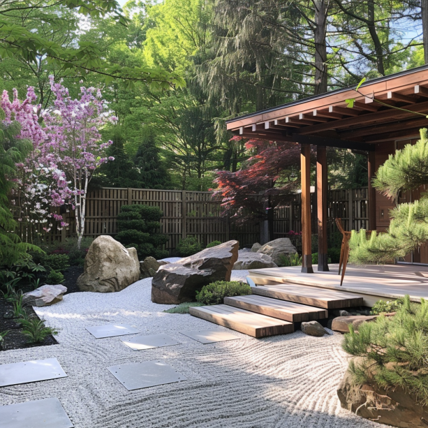 Japanese garden, serene, minimalist design, seasonal blooms, subtle colors backyard