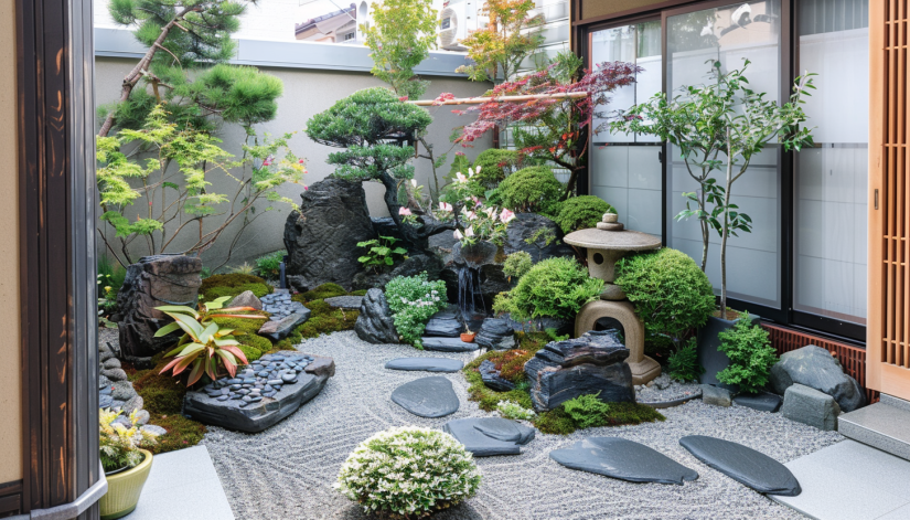Japanese garden, serene, minimalist design, seasonal blooms, subtle colors clean