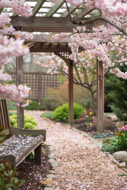 Japanese garden, serene, minimalist design, seasonal blooms, subtle colors