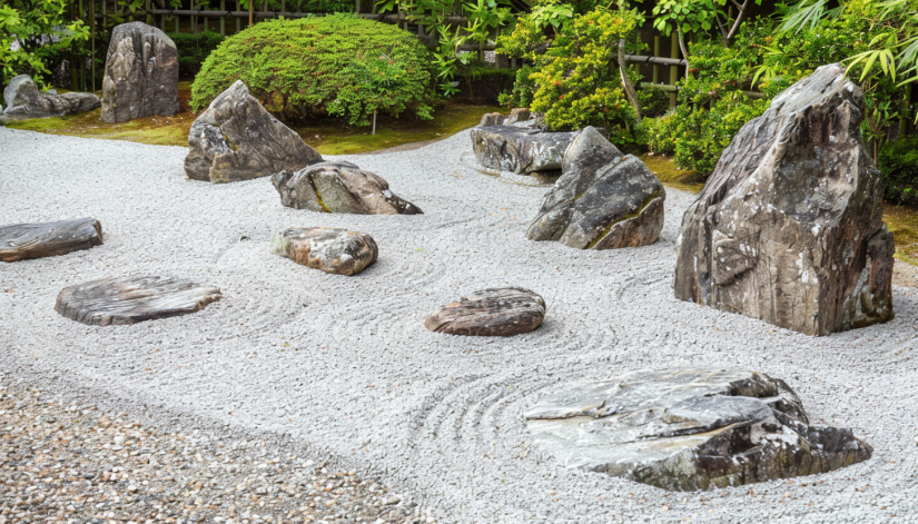 Japanese garden, stone arrangements, minimalist, natural setting