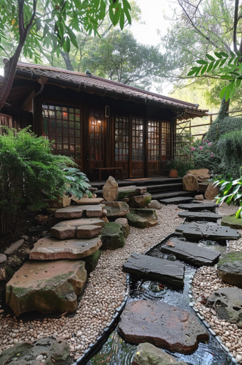 Japanese garden, stone arrangements, minimalist, natural setting design