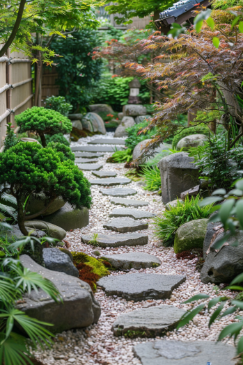 Japanese garden, stone arrangements, minimalist, natural setting pathway