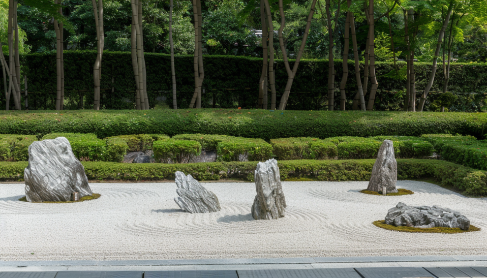 Japanese garden, stone arrangements, minimalist, natural setting.