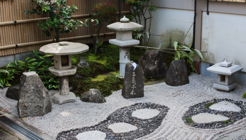 Japanese garden, stone lanterns, Yukimi, Taimaishi, serene.
