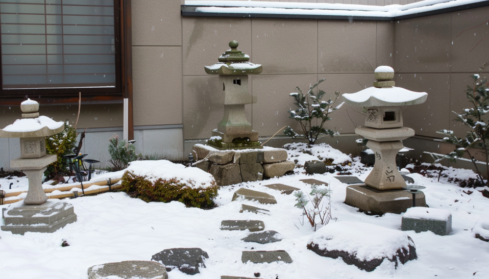 Japanese garden, stone lanterns, Yukimi, Taimaishi, serene