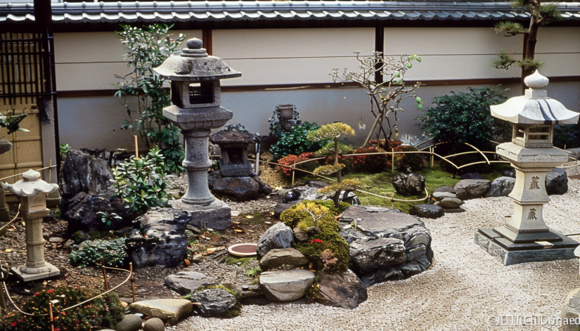 Japanese garden, stone lanterns, Yukimi, Taimaishi, serene...