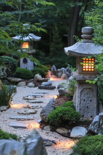 Japanese garden, stone lanterns, Yukimi, Taimaishi