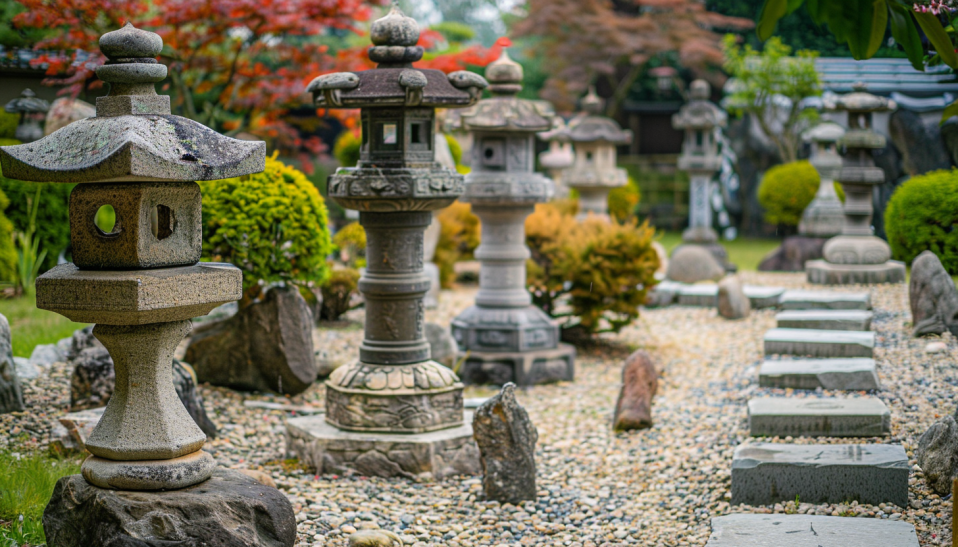 Japanese garden, stone lanterns, Yukimi lantern, Tachi-gata lantern, serene landscape