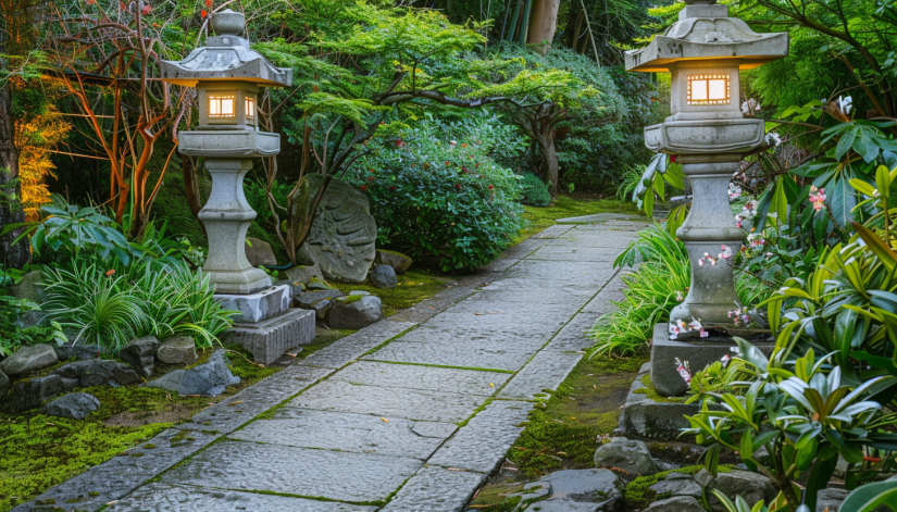 Japanese garden, stone lanterns pathway
