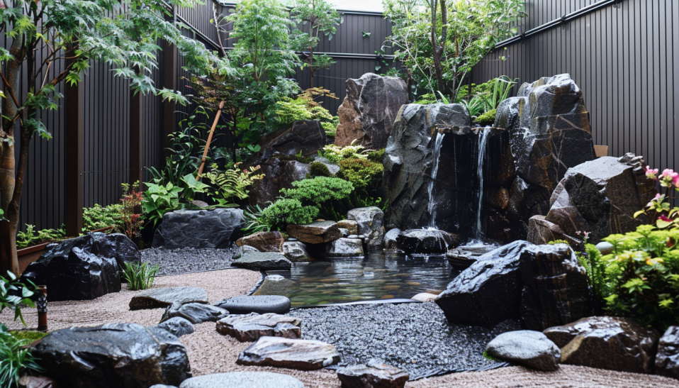 Japanese garden, waterfall, natural design, bigrocks, lush plants