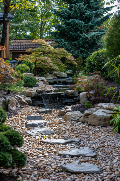 Japanese garden, waterfall, natural design, rocks, lush plants design