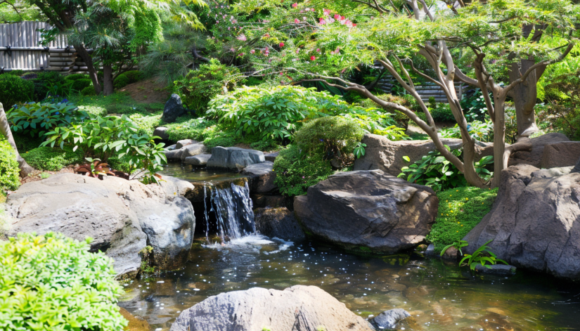 Japanese garden, waterfall, natural design, rocks, lush plants