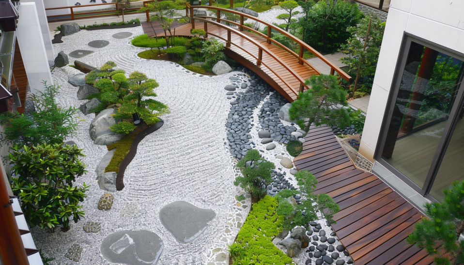 Japanese garden, winding stream, flowing water, river pebbles, footbridges design