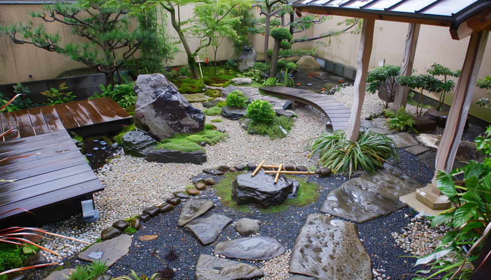 Japanese garden, winding stream, flowing water, river pebbles