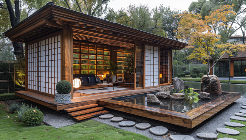 Japanese tea house, wooden structure, tatami mats, medicinal plants, water feature