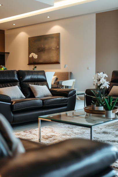 Luxurious, low-maintenance leather living room close-up.
