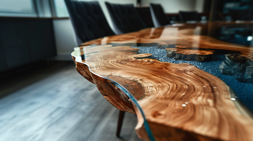Macro close-up of live edge dining table, highlighting the raw wood texture and seamless glass top