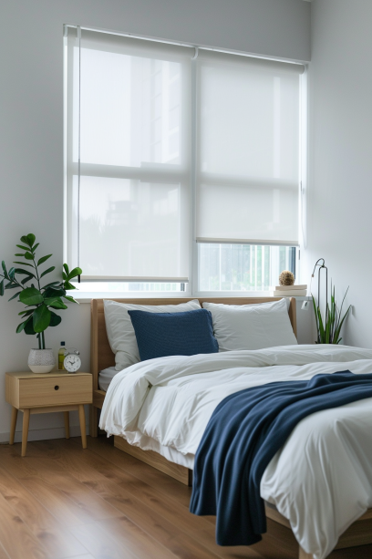 Modern Bedroom with Easy-to-Maintain Washable Roller Blinds