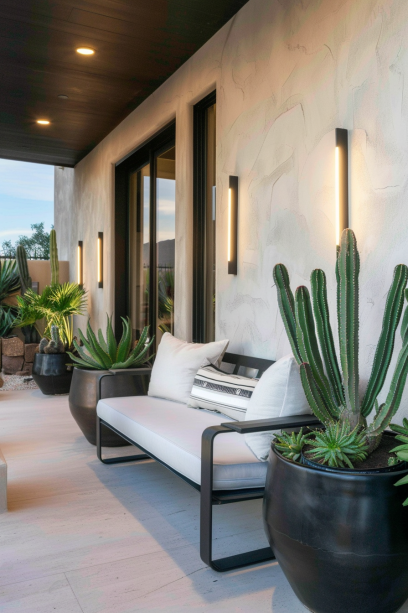 Modern chic front porch with minimalistic furniture and stylish potted plants illuminated by neon lights.