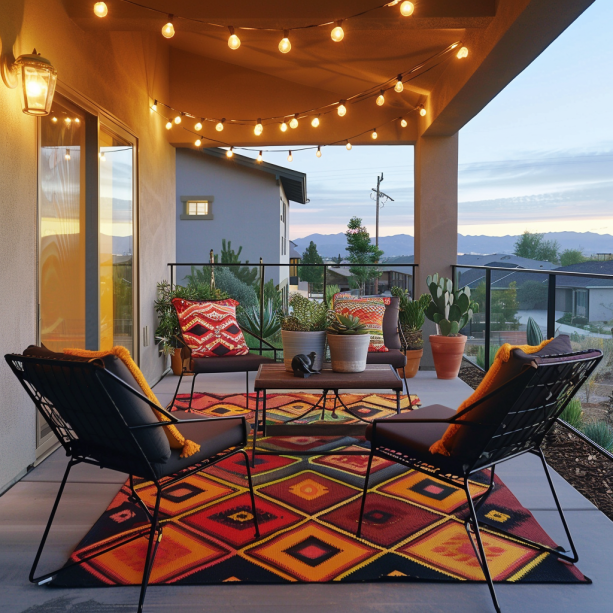 Modern front porch with colorful contemporary outdoor rug