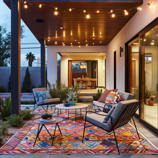 Modern front porch with colorful contemporary outdoor rug.