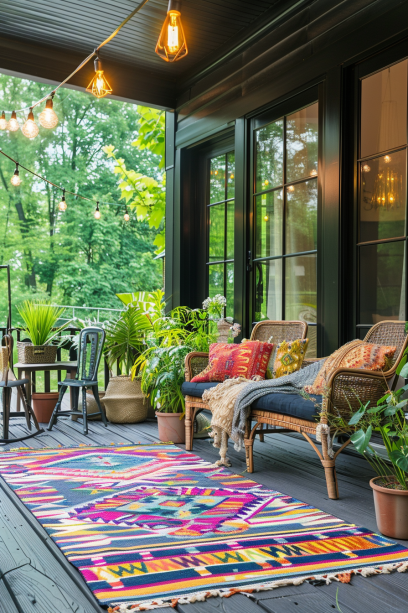 Modern front porch with colorful outdoor rug and cozy seating area