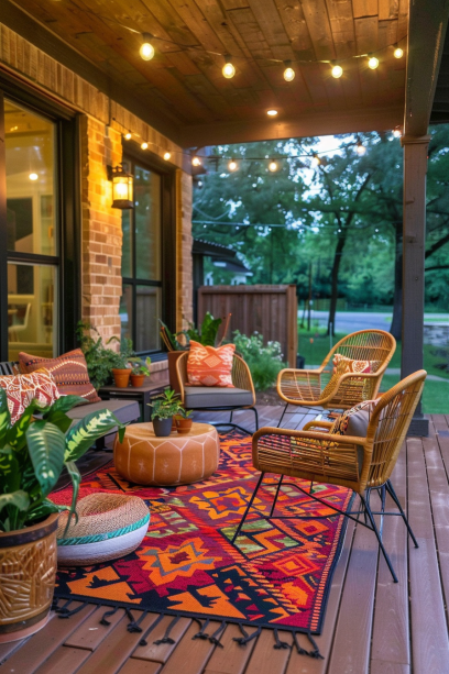 Modern front porch with colorful outdoor rug and cozy seating area.