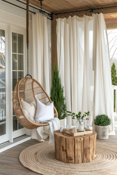 Modern front porch with minimalist design, neutral-toned curtains, and a hanging egg chair
