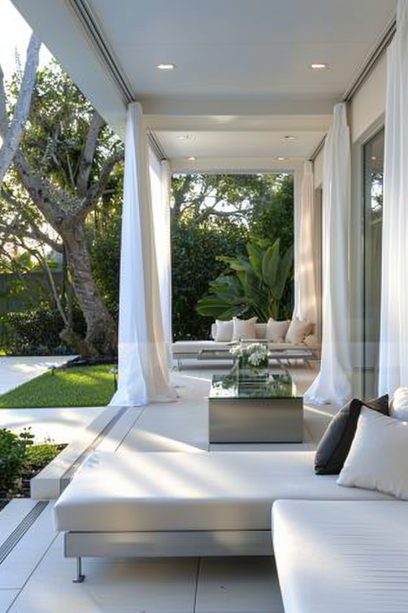 Modern front porch with white curtains, minimalistic furniture, and sleek design, creating a private and sophisticated outdoor living area.