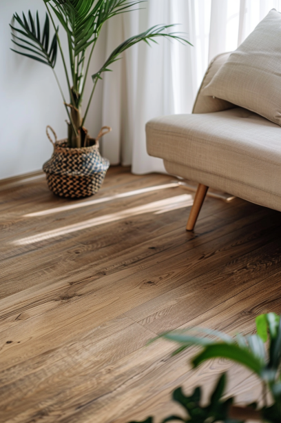 Modern living room, luxury vinyl flooring, wood-look, natural light, minimalistic furniture.