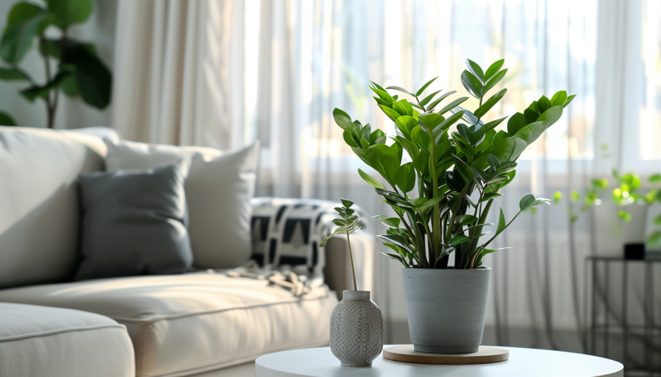 Modern living room with ZZ Plant and minimalist decor