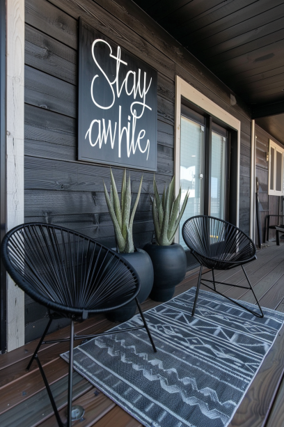 Modern minimalist front porch with sleek black and white furniture, a witty welcome mat, and succulent plants