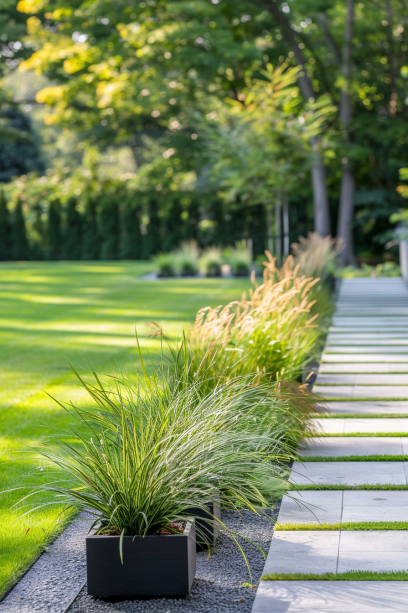 Modern minimalist garden with a sleek concrete edge bordering a lush green lawn.