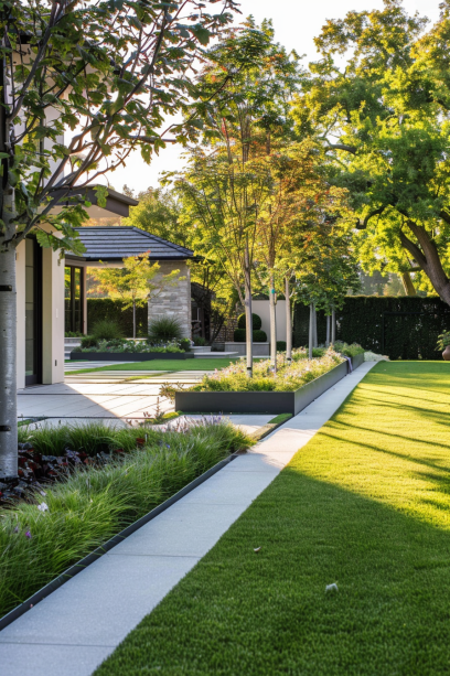 Modern minimalist garden with a sleek concrete edge bordering a lush green lawn