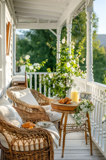 Morning cheek porch with rattan chairs and pastel cushions, surrounded