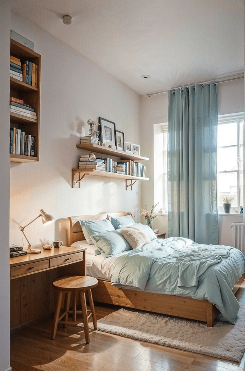 Organized bedroom with smart storage..