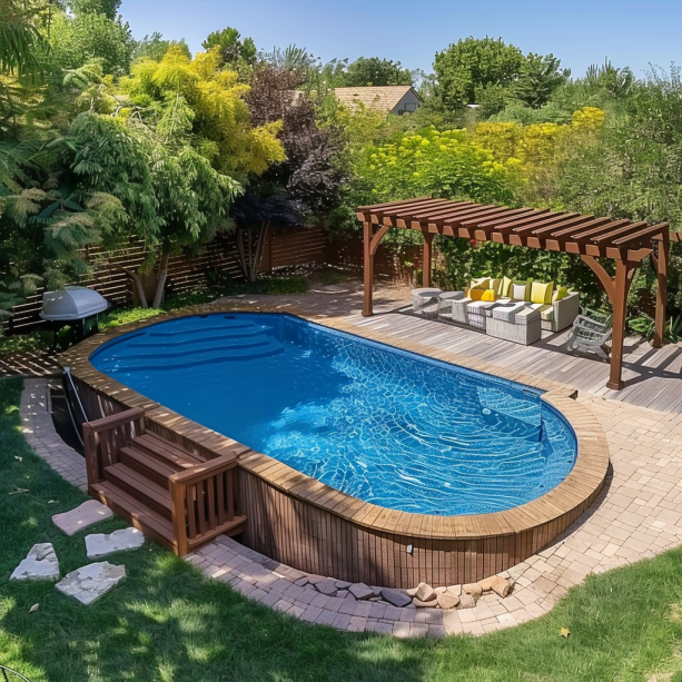 Panoramic Backyard with Above-Ground Pool, Wooden Privacy Fence, and Pergola with Roses and Ivy-