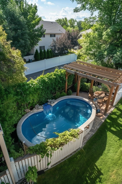 Panoramic Backyard with Above-Ground Pool, Wooden Privacy Fence, and Pergola with Roses and Ivy