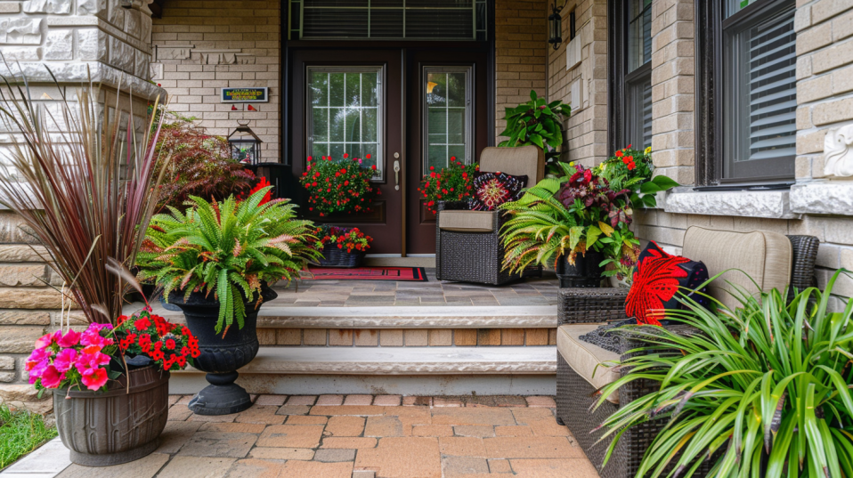 Panoramic view of a creatively styled and inviting front porch-