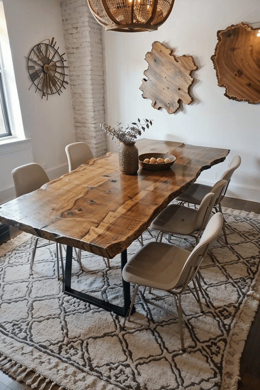 Panoramic view of a dining area featuring a live edge dining table with metal legs, surrounded by modern and nature-inspired decor