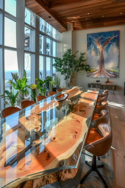 Panoramic view of a dining room with a long live edge dining table with glass top, surrounded by modern décor and natural light