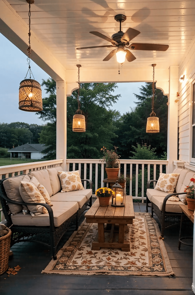Panoramic view of a front porch with various seating, decorative lighting, and cozy ambiance