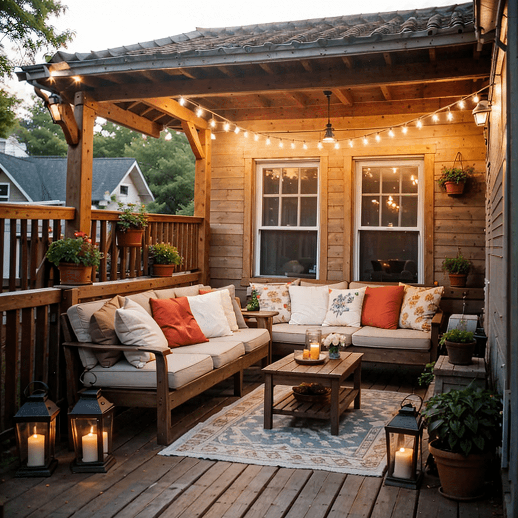Panoramic view of a front porch with various seating, decorative lighting, and cozy ambiance.