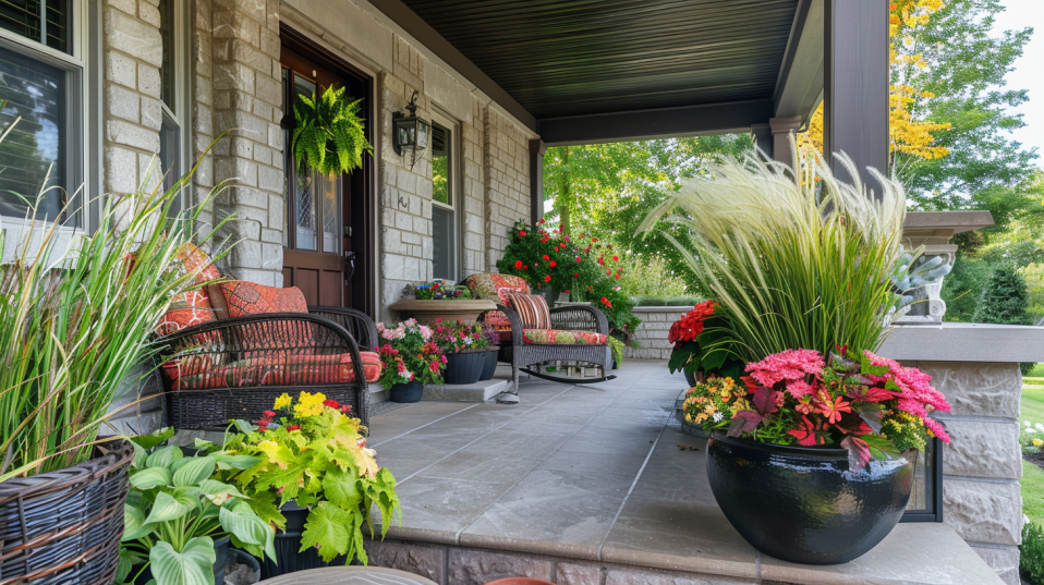 Panoramic view of styled and inviting front porch