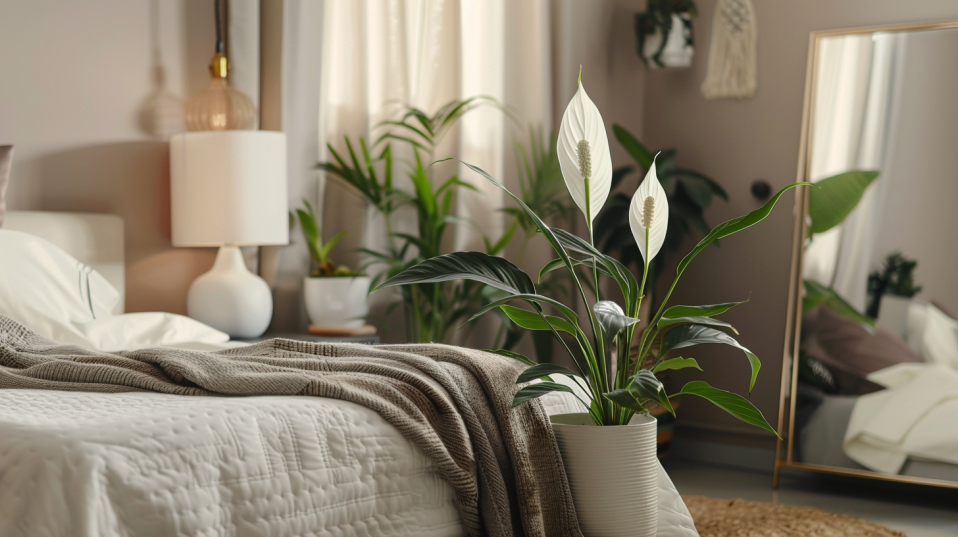 Peace Lily in a minimalistic bedroom with white linens, soft gray blankets, dark wood nightstand, modern floor lamp, full-length mirror with gold frame, and woven jute rug.