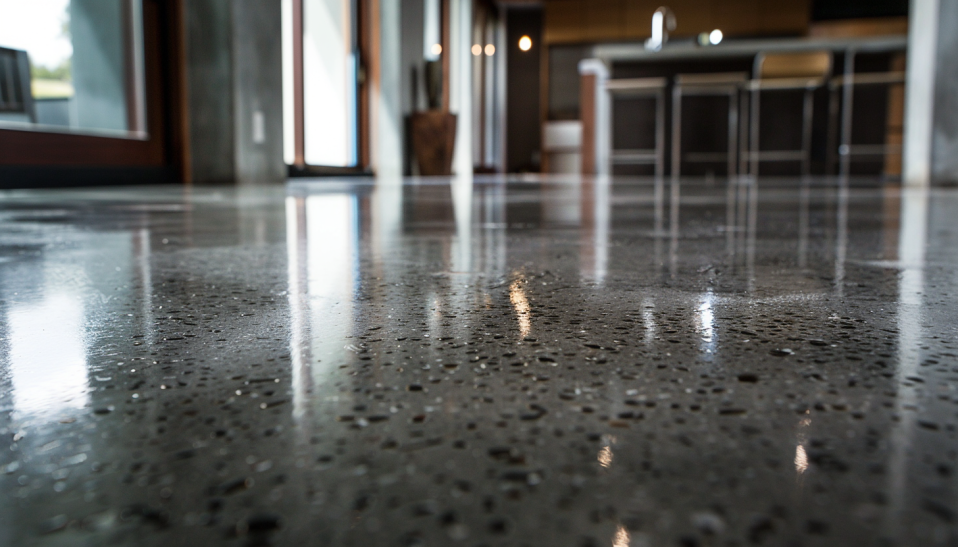 Polished concrete floor, industrial style, close-up, hard surface, low-maintenance, stain-proof, non-porous-
