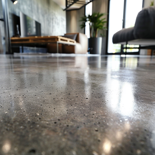 Polished concrete floor, industrial style, close-up, hard surface, low-maintenance, stain-proof, non-porous