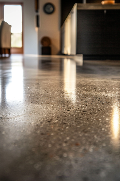 Polished concrete floor, industrial style, close-up, hard surface, low-maintenance, stain-proof, non-porous.